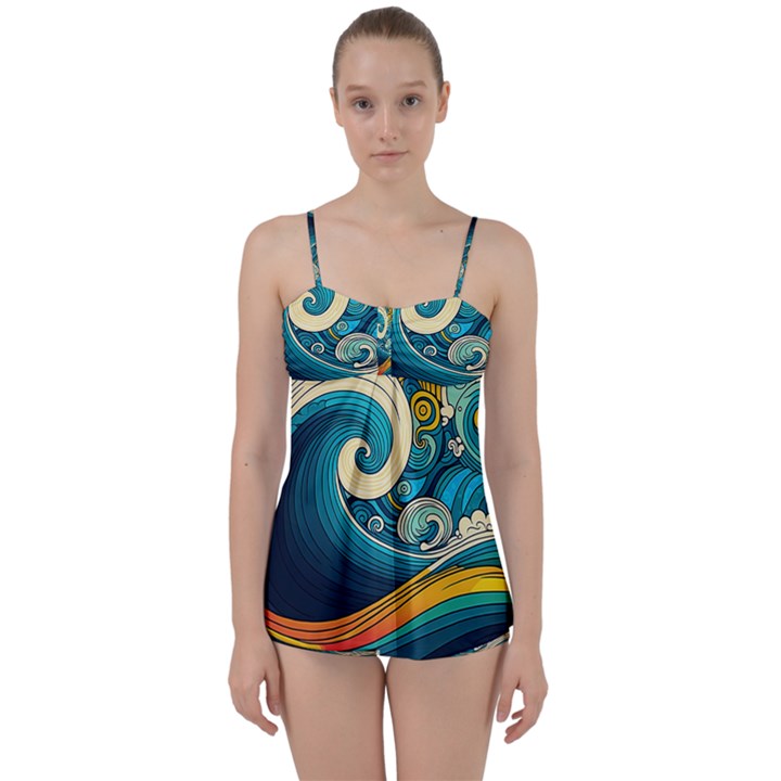 Waves Wave Ocean Sea Abstract Whimsical Abstract Art Babydoll Tankini Set