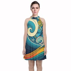 Waves Wave Ocean Sea Abstract Whimsical Abstract Art Velvet Halter Neckline Dress 