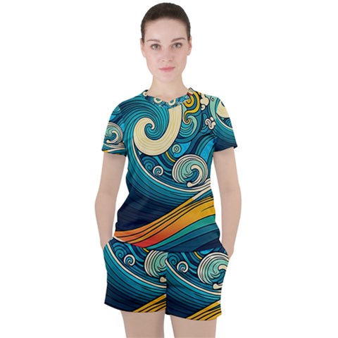 Waves Wave Ocean Sea Abstract Whimsical Abstract Art Women s Tee And Shorts Set by Cowasu