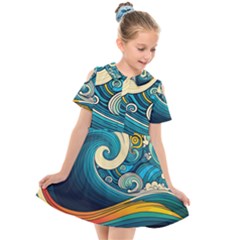 Waves Wave Ocean Sea Abstract Whimsical Abstract Art Kids  Short Sleeve Shirt Dress