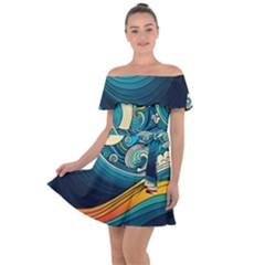 Waves Wave Ocean Sea Abstract Whimsical Abstract Art Off Shoulder Velour Dress