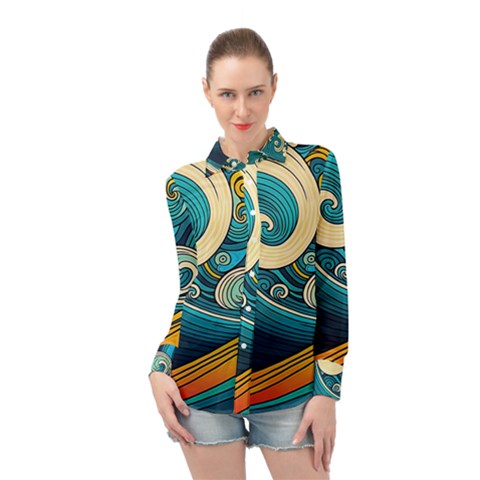 Waves Wave Ocean Sea Abstract Whimsical Abstract Art Long Sleeve Chiffon Shirt by Cowasu