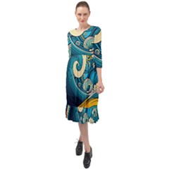 Waves Wave Ocean Sea Abstract Whimsical Abstract Art Ruffle End Midi Chiffon Dress