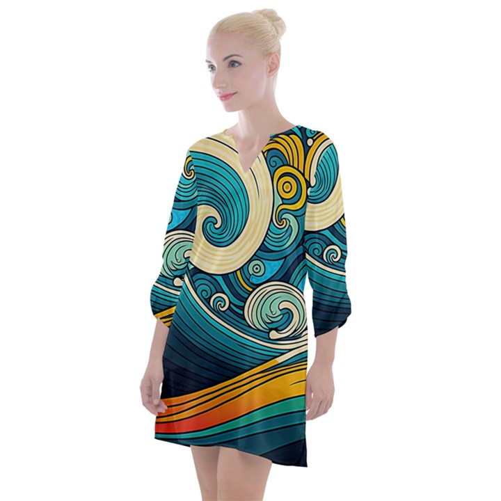 Waves Wave Ocean Sea Abstract Whimsical Abstract Art Open Neck Shift Dress