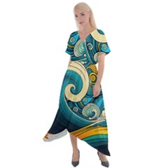 Waves Wave Ocean Sea Abstract Whimsical Abstract Art Cross Front Sharkbite Hem Maxi Dress