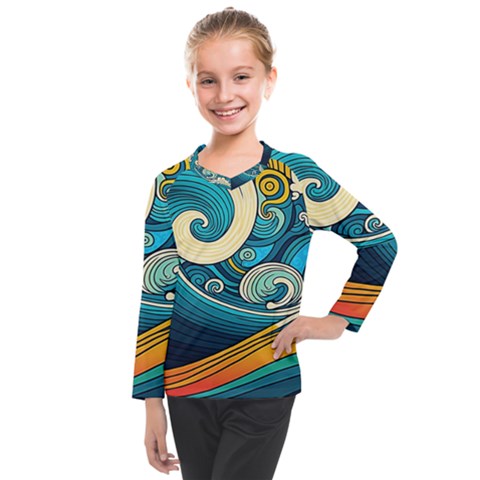 Waves Wave Ocean Sea Abstract Whimsical Abstract Art Kids  Long Mesh Tee by Cowasu