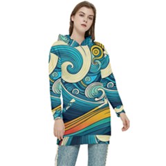 Waves Wave Ocean Sea Abstract Whimsical Abstract Art Women s Long Oversized Pullover Hoodie