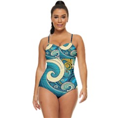 Waves Wave Ocean Sea Abstract Whimsical Abstract Art Retro Full Coverage Swimsuit by Cowasu