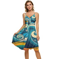 Waves Wave Ocean Sea Abstract Whimsical Abstract Art Sleeveless Tie Front Chiffon Dress by Cowasu