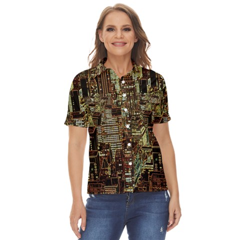 New York City Nyc Skyscrapers Women s Short Sleeve Double Pocket Shirt by Cowasu