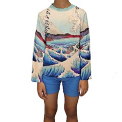 Wave Japanese Mount Fuji Woodblock Print Ocean Kids  Long Sleeve Swimwear by Cowasu