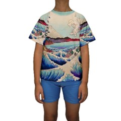 Wave Japanese Mount Fuji Woodblock Print Ocean Kids  Short Sleeve Swimwear by Cowasu