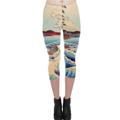 Wave Japanese Mount Fuji Woodblock Print Ocean Capri Leggings  by Cowasu