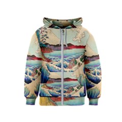 Wave Japanese Mount Fuji Woodblock Print Ocean Kids  Zipper Hoodie by Cowasu