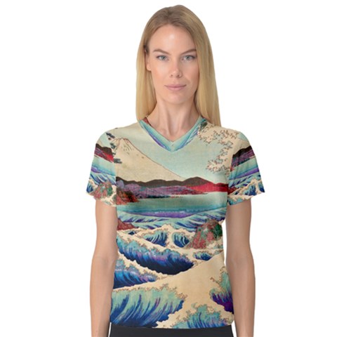 Wave Japanese Mount Fuji Woodblock Print Ocean V-neck Sport Mesh Tee by Cowasu