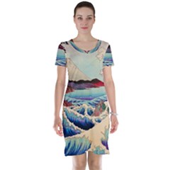 Wave Japanese Mount Fuji Woodblock Print Ocean Short Sleeve Nightdress by Cowasu