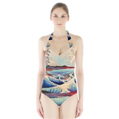 Wave Japanese Mount Fuji Woodblock Print Ocean Halter Swimsuit by Cowasu