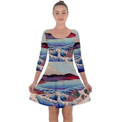 Wave Japanese Mount Fuji Woodblock Print Ocean Quarter Sleeve Skater Dress by Cowasu