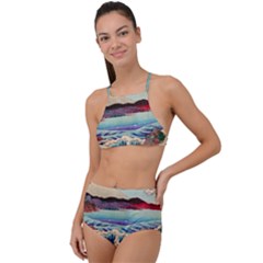 Wave Japanese Mount Fuji Woodblock Print Ocean High Waist Tankini Set by Cowasu