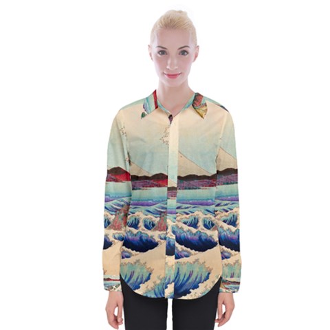 Wave Japanese Mount Fuji Woodblock Print Ocean Womens Long Sleeve Shirt by Cowasu