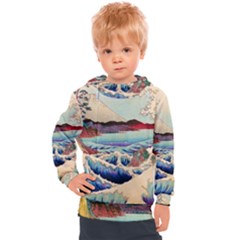 Wave Japanese Mount Fuji Woodblock Print Ocean Kids  Hooded Pullover by Cowasu