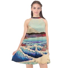 Wave Japanese Mount Fuji Woodblock Print Ocean Halter Neckline Chiffon Dress  by Cowasu