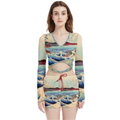 Wave Japanese Mount Fuji Woodblock Print Ocean Velvet Wrap Crop Top And Shorts Set by Cowasu