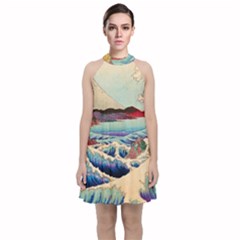 Wave Japanese Mount Fuji Woodblock Print Ocean Velvet Halter Neckline Dress  by Cowasu