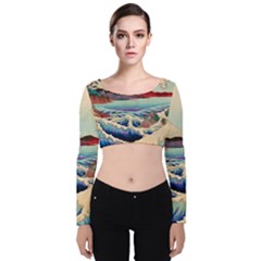 Wave Japanese Mount Fuji Woodblock Print Ocean Velvet Long Sleeve Crop Top by Cowasu