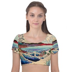 Wave Japanese Mount Fuji Woodblock Print Ocean Velvet Short Sleeve Crop Top  by Cowasu