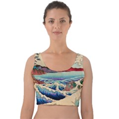 Wave Japanese Mount Fuji Woodblock Print Ocean Velvet Crop Top by Cowasu