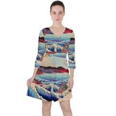 Wave Japanese Mount Fuji Woodblock Print Ocean Quarter Sleeve Ruffle Waist Dress by Cowasu