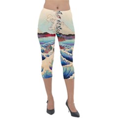 Wave Japanese Mount Fuji Woodblock Print Ocean Lightweight Velour Capri Leggings  by Cowasu