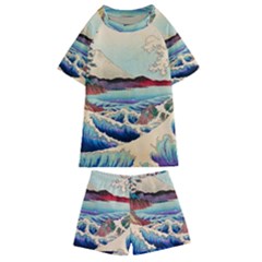 Wave Japanese Mount Fuji Woodblock Print Ocean Kids  Swim Tee And Shorts Set by Cowasu