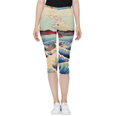 Wave Japanese Mount Fuji Woodblock Print Ocean Inside Out Lightweight Velour Capri Leggings  by Cowasu