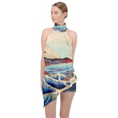 Wave Japanese Mount Fuji Woodblock Print Ocean Halter Asymmetric Satin Top by Cowasu