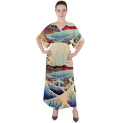 Wave Japanese Mount Fuji Woodblock Print Ocean V-neck Boho Style Maxi Dress