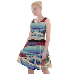 Wave Japanese Mount Fuji Woodblock Print Ocean Knee Length Skater Dress by Cowasu