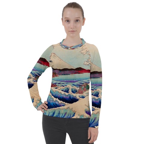 Wave Japanese Mount Fuji Woodblock Print Ocean Women s Pique Long Sleeve Tee by Cowasu