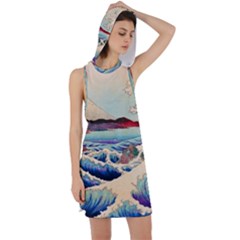 Wave Japanese Mount Fuji Woodblock Print Ocean Racer Back Hoodie Dress by Cowasu