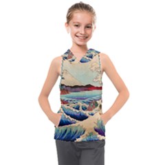 Wave Japanese Mount Fuji Woodblock Print Ocean Kids  Sleeveless Hoodie by Cowasu