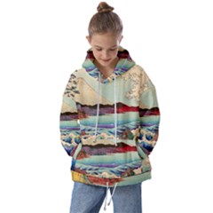 Wave Japanese Mount Fuji Woodblock Print Ocean Kids  Oversized Hoodie by Cowasu