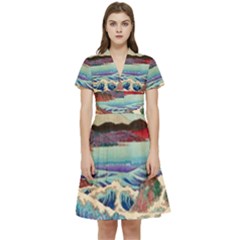 Wave Japanese Mount Fuji Woodblock Print Ocean Short Sleeve Waist Detail Dress by Cowasu