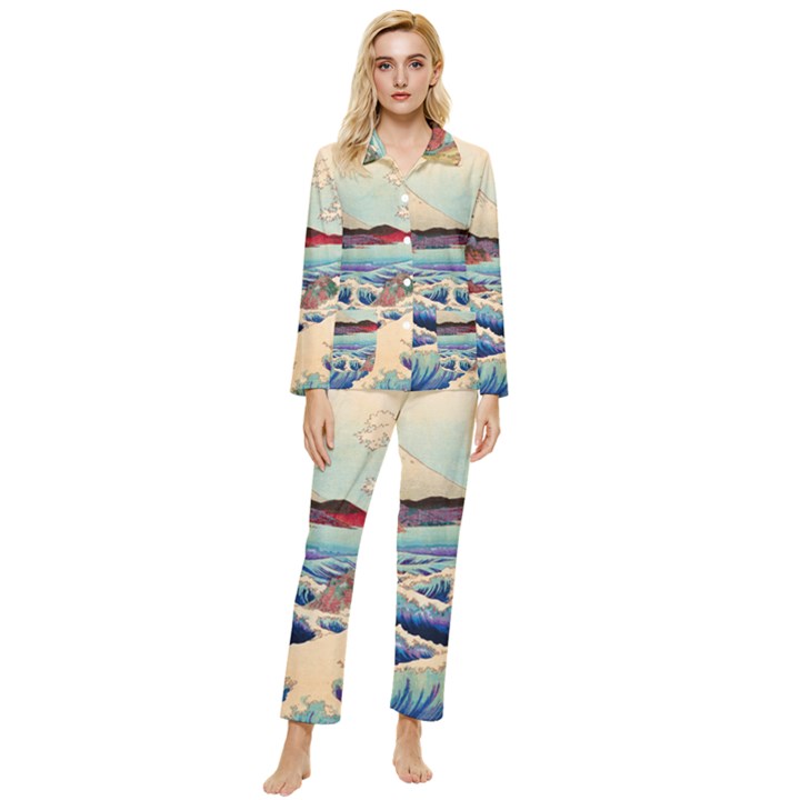 Wave Japanese Mount Fuji Woodblock Print Ocean Womens  Long Sleeve Velvet Pocket Pajamas Set