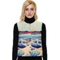 Wave Japanese Mount Fuji Woodblock Print Ocean Women s Short Button Up Puffer Vest View1