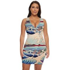 Wave Japanese Mount Fuji Woodblock Print Ocean Draped Bodycon Dress by Cowasu