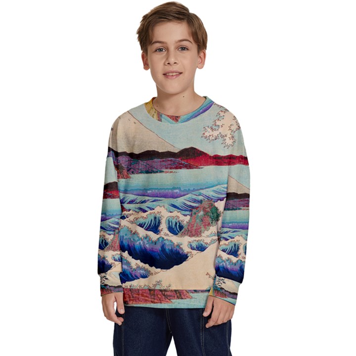 Wave Japanese Mount Fuji Woodblock Print Ocean Kids  Long Sleeve Jersey