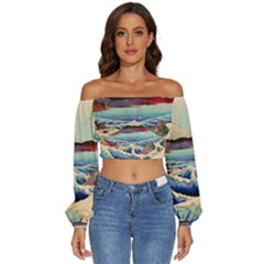 Wave Japanese Mount Fuji Woodblock Print Ocean Long Sleeve Crinkled Weave Crop Top by Cowasu