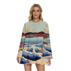 Wave Japanese Mount Fuji Woodblock Print Ocean Round Neck Long Sleeve Bohemian Style Chiffon Mini Dress