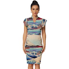 Wave Japanese Mount Fuji Woodblock Print Ocean Vintage Frill Sleeve V-neck Bodycon Dress by Cowasu